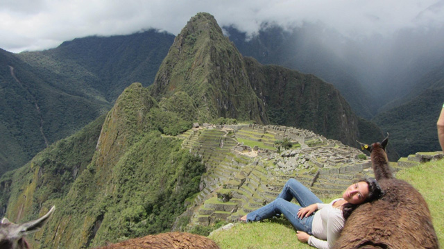 Descansando em uma lhama no Machu Picchu